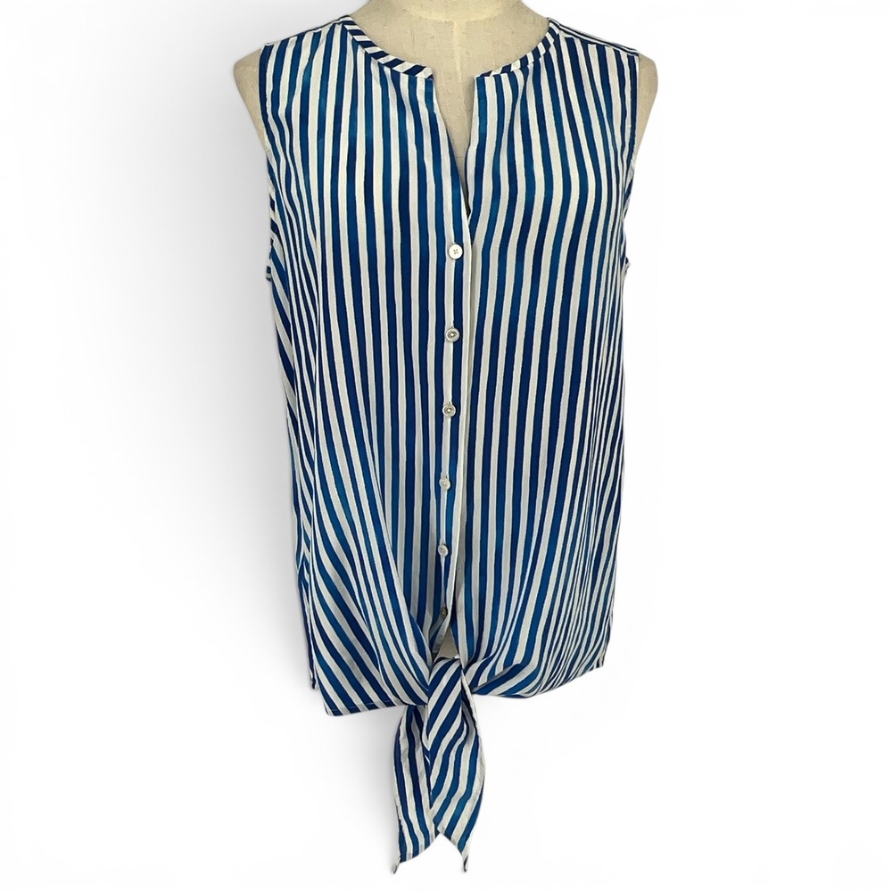 Tommy Bahama Womens Small Blue White Striped 100%‎ Silk Tie Front Sleeveless Top